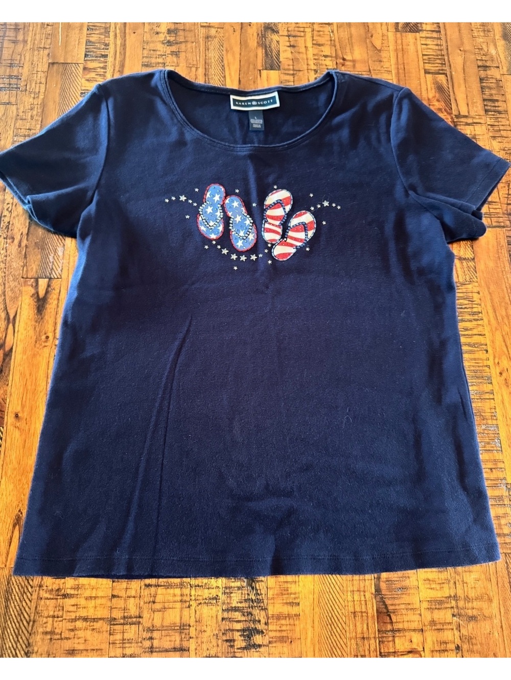 Karen Scott Navy Blue Cotton T-Shirt with Patriotic Flip Flop Design, Size Large